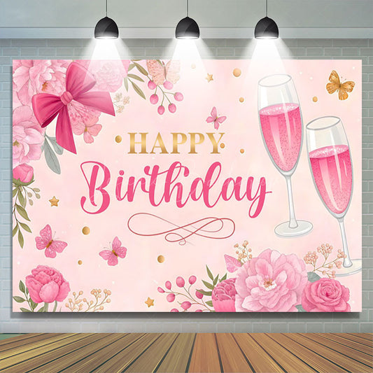 Lofaris Pink Floral Butterfly Cheers To Birthday Backdrop