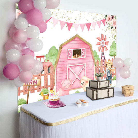 Lofaris Pink Floral Cowgirl Farm Flags Birthday Backdrop