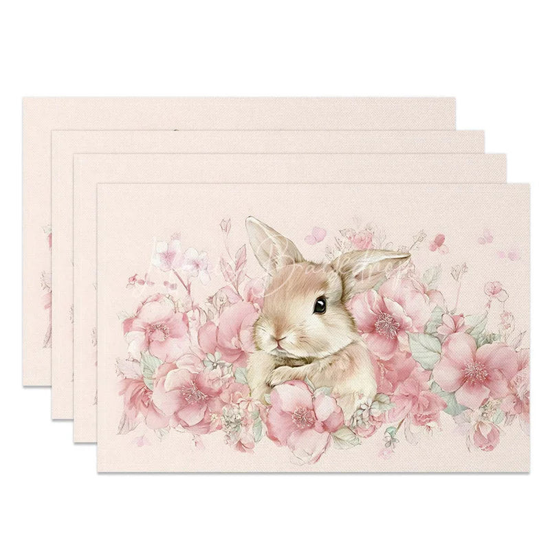 Lofaris Pink Floral Easter Bunny Set of 4 Placemats Cute Rabbit Spring Flower Table Mats for Dining Room