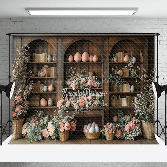 Lofaris Pink Floral Eggs Retro Bookshelf Easter Backdrop