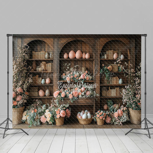 Lofaris Pink Floral Eggs Retro Bookshelf Easter Backdrop