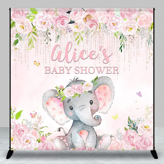 Lofaris Pink Floral Elephant Custom Name Baby Shower Backdrop