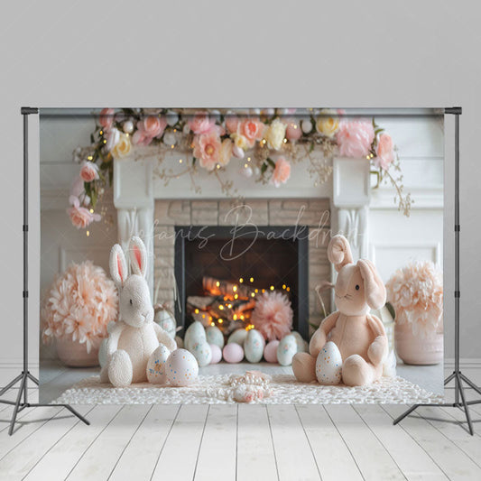 Lofaris Pink Floral Fireplace Bunny Doll Easter Backdrop