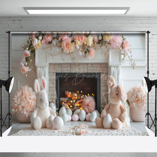Lofaris Pink Floral Fireplace Bunny Doll Easter Backdrop