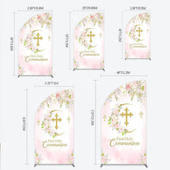 Lofaris Pink Floral First Holy Communion Half Moon Arch Backdrop Elegant Gold Glitter Cross Religious Decor