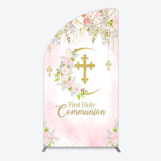 Lofaris Pink Floral First Holy Communion Half Moon Arch Backdrop Elegant Gold Glitter Cross Religious Decor