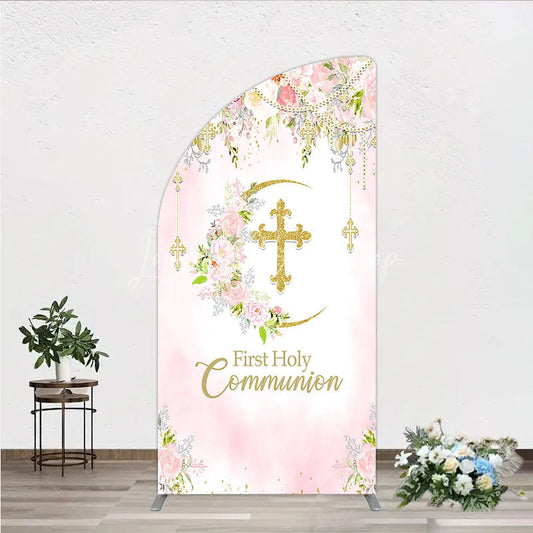 Lofaris Pink Floral First Holy Communion Half Moon Arch Backdrop Elegant Gold Glitter Cross Religious Decor