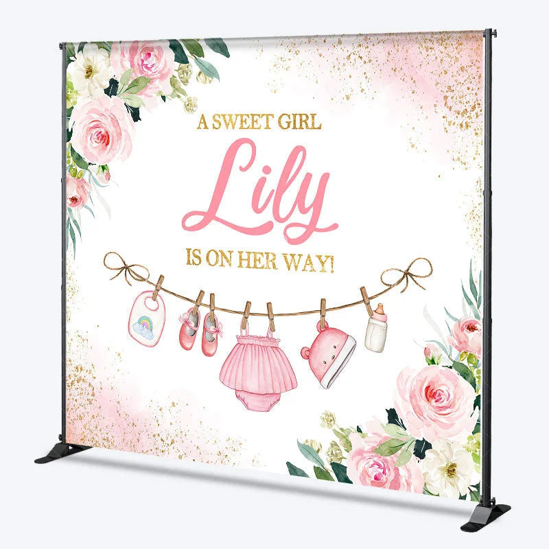Lofaris Pink Floral Glitter Baby Clothesline Custom Backdrop A Sweet Girl Is On Her Way Shower Gender Reveal Party Decor