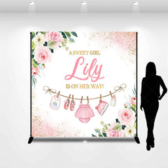 Lofaris Pink Floral Glitter Baby Clothesline Custom Backdrop A Sweet Girl Is On Her Way Shower Gender Reveal Party Decor