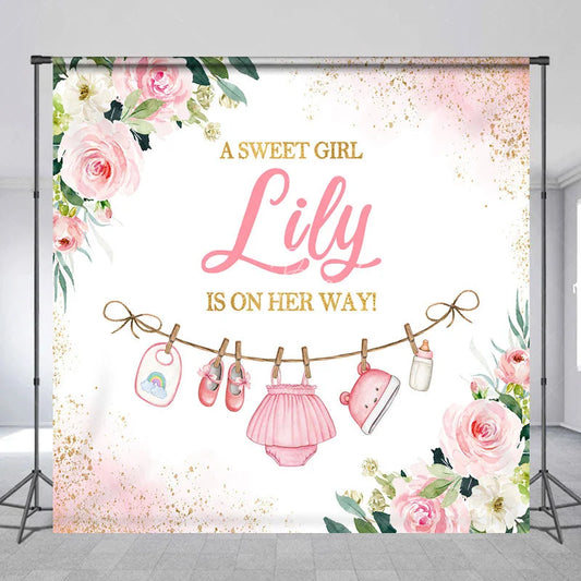 Lofaris Pink Floral Glitter Baby Clothesline Custom Backdrop A Sweet Girl Is On Her Way Shower Gender Reveal Party Decor
