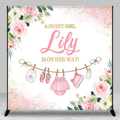 Lofaris Pink Floral Glitter Baby Clothesline Custom Backdrop A Sweet Girl Is On Her Way Shower Gender Reveal Party Decor