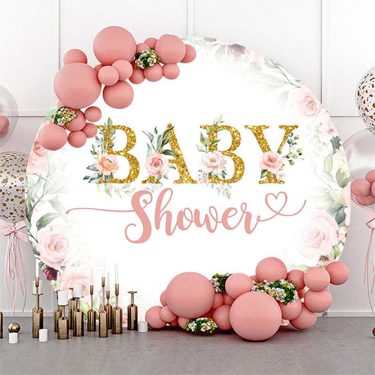 Lofaris Pink Floral Gold Glitter Round Baby Shower Backdrop