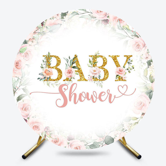 Lofaris Pink Floral Gold Glitter Round Baby Shower Backdrop