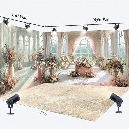 Lofaris Pink Floral Grand Hall Arched Windows Room Set Backdrop Elegant Wedding Photography Decor