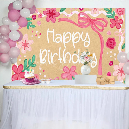 Lofaris Pink Floral Happy Birthday Backdrop Kraft Paper Style Garden Party Decoration for Girls