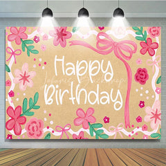 Lofaris Pink Floral Happy Birthday Backdrop Kraft Paper Style Garden Party Decoration for Girls