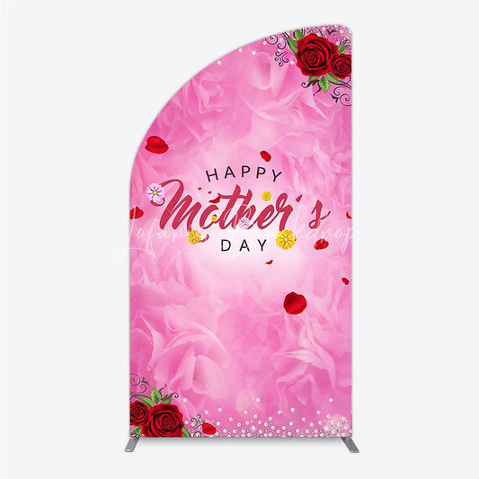 Lofaris Pink Floral Happy Mother’s Day Half Moon Arch Backdrop with Red Roses and Glitter Pearls Elegant Celebration Decor