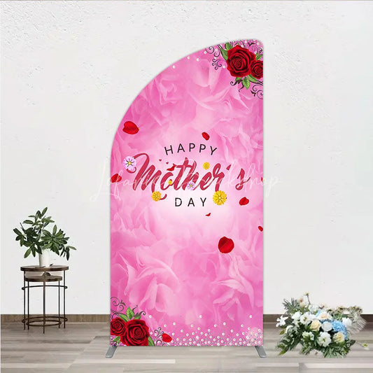 Lofaris Pink Floral Happy Mother’s Day Half Moon Arch Backdrop with Red Roses and Glitter Pearls Elegant Celebration Decor