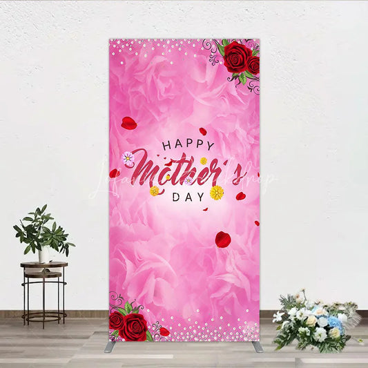 Lofaris Pink Floral Happy Mother’s Day Rectangle Arch Backdrop with Red Roses and Pearl Glitter Decor