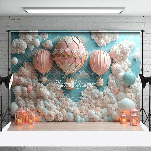 Lofaris Pink Floral Hot Air Balloon Cake Smash Backdrop
