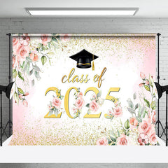 Lofaris Pink Floral Leaf Gold Glitter Class of 2025 Backdrop