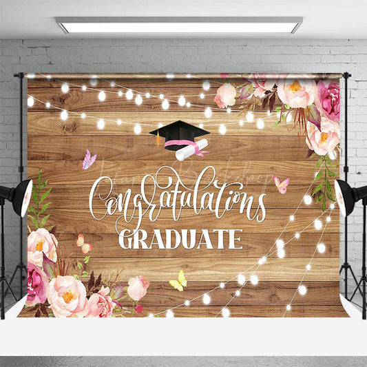 Lofaris Pink Floral Lighted Wood Grain Cheers Grad Backdrop