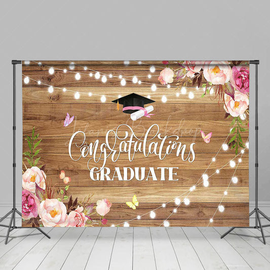 Lofaris Pink Floral Lighted Wood Grain Cheers Grad Backdrop
