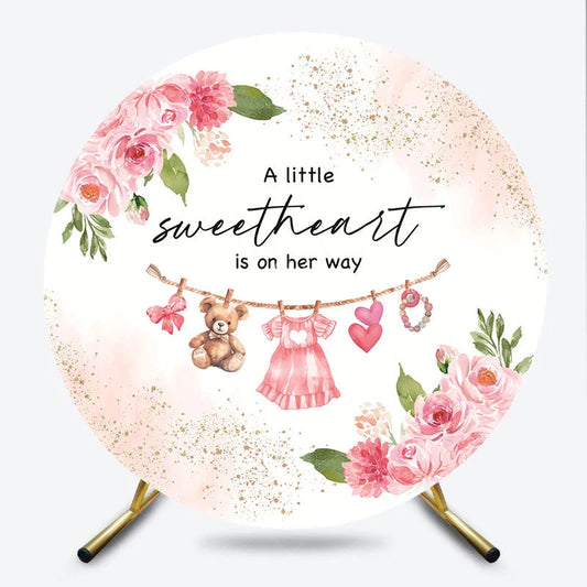 Lofaris Pink Floral Little Sweetheart Baby Shower Round Backdrop Rose and Clothes Girl Party Cover