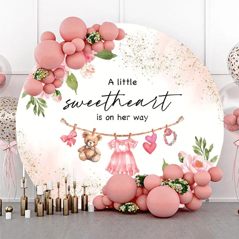 Lofaris Pink Floral Little Sweetheart Baby Shower Round Backdrop Rose and Clothes Girl Party Cover