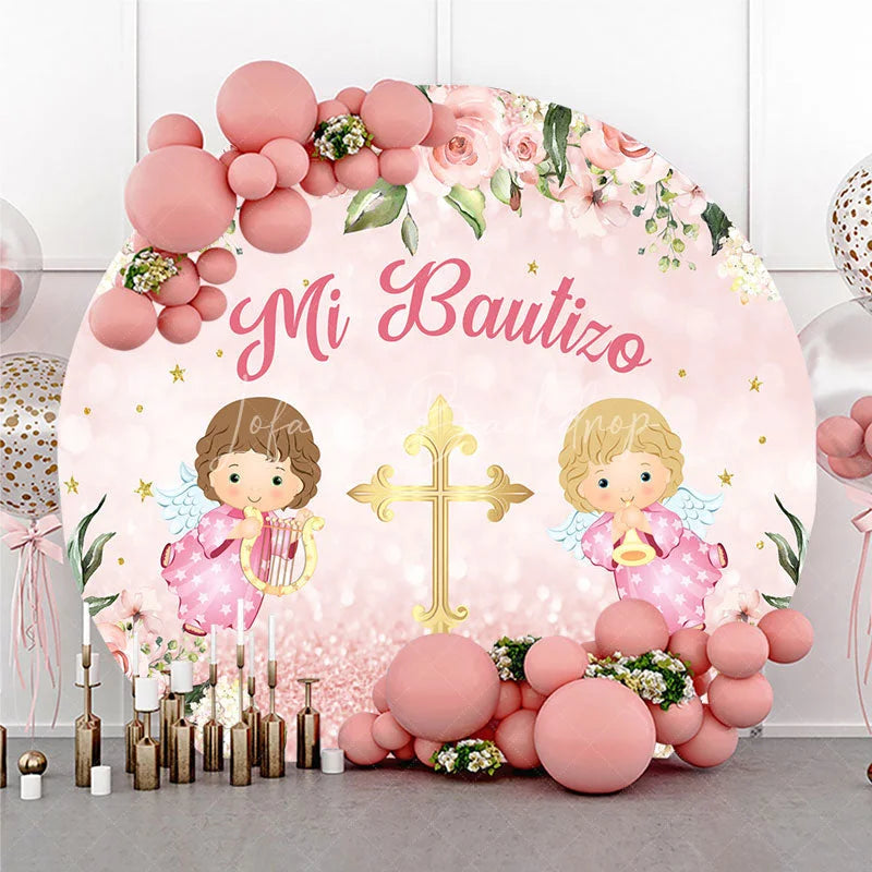 Lofaris Pink Floral Mi Bautizo Round Backdrop featuring Golden Cross and Baby Angels for Baptism Celebration