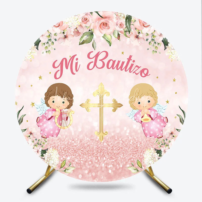 Lofaris Pink Floral Mi Bautizo Round Backdrop featuring Golden Cross and Baby Angels for Baptism Celebration