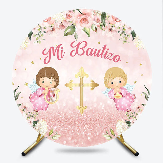 Lofaris Pink Floral Mi Bautizo Round Backdrop featuring Golden Cross and Baby Angels for Baptism Celebration