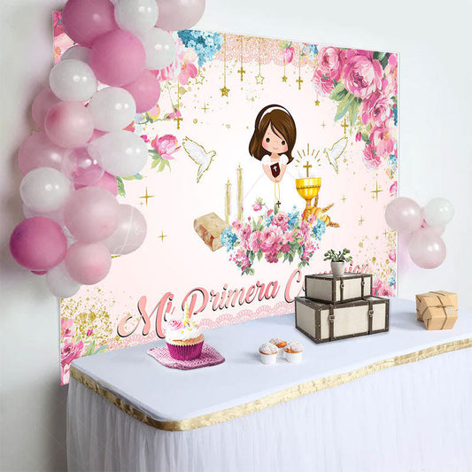 Lofaris Pink Floral Mi Primera Comunion Baptism Backdrop