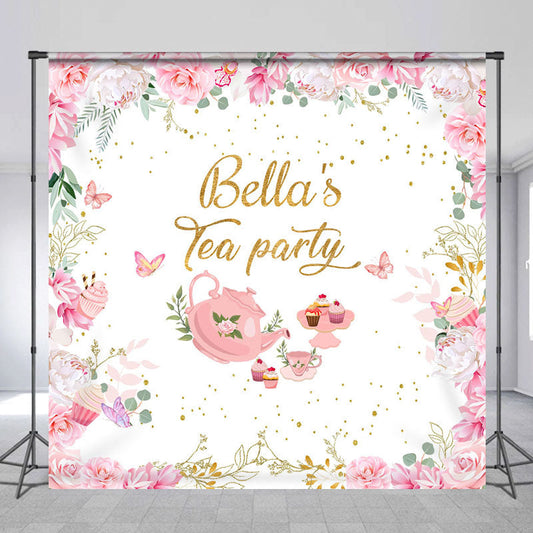 Lofaris Pink Floral Paper Cake Custom Name Tea Party Backdrop