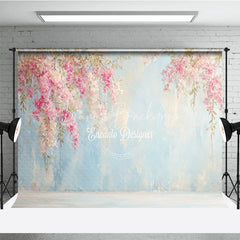 Lofaris Pink Floral Photography Backdrop Flowers on a Blue Textured Wall Painterly Fine Art Portrait Background