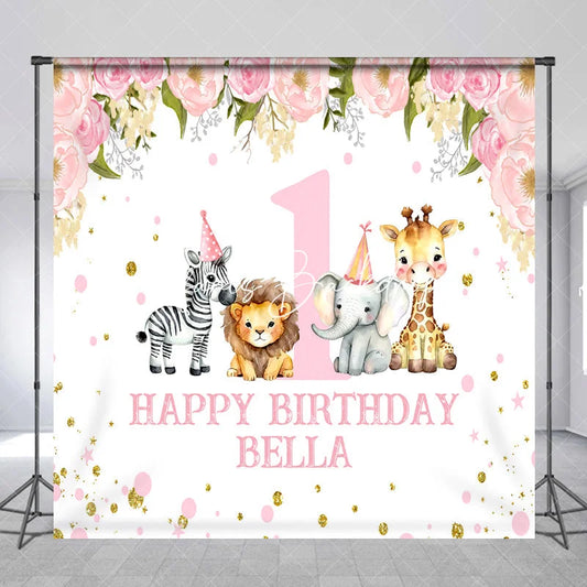 Lofaris Pink Floral Safari Animals First Birthday Custom Backdrop with Party Hats Personalized Happy Decor
