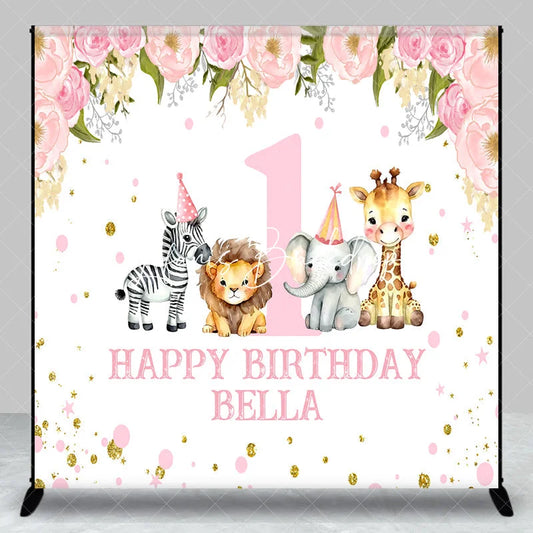 Lofaris Pink Floral Safari Animals First Birthday Custom Backdrop with Party Hats Personalized Happy Decor