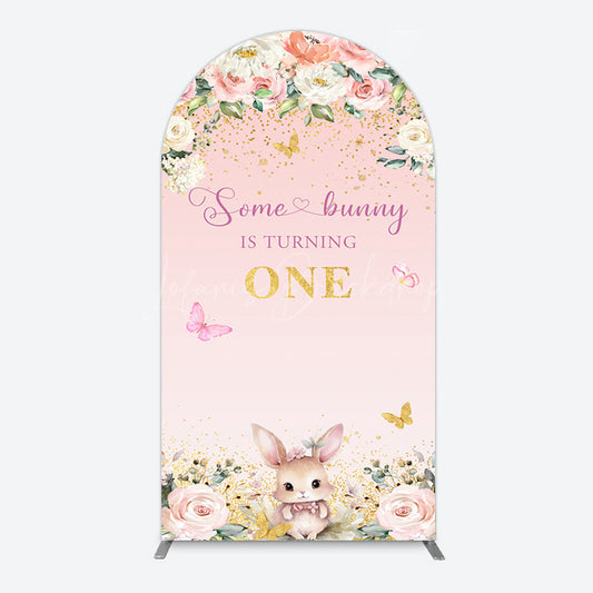 Lofaris Pink Floral Some Bunny Is Turning One Arch Backdrop
