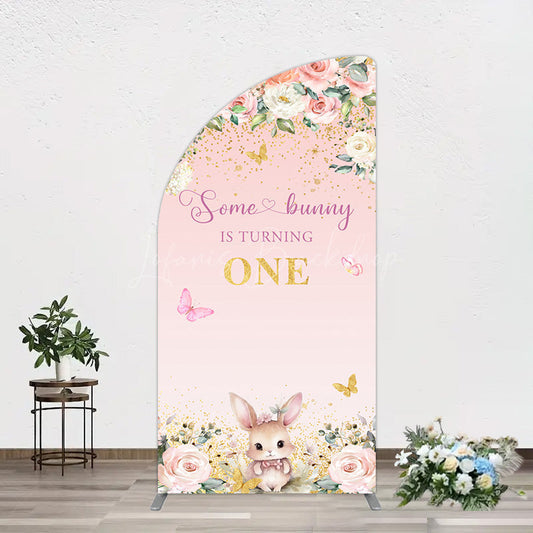 Lofaris Pink Floral Some Bunny Is Turning One Half Moon Arch Backdrop