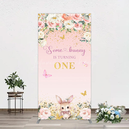 Lofaris Pink Floral Some Bunny Is Turning One Rectangle Backdrop