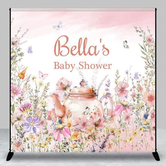 Lofaris Pink Floral Tea Pot Custom Name Baby Shower Backdrop