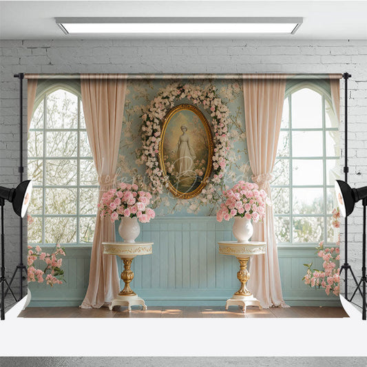 Lofaris Pink Floral Vintage Portrait Blue Window Backdrop
