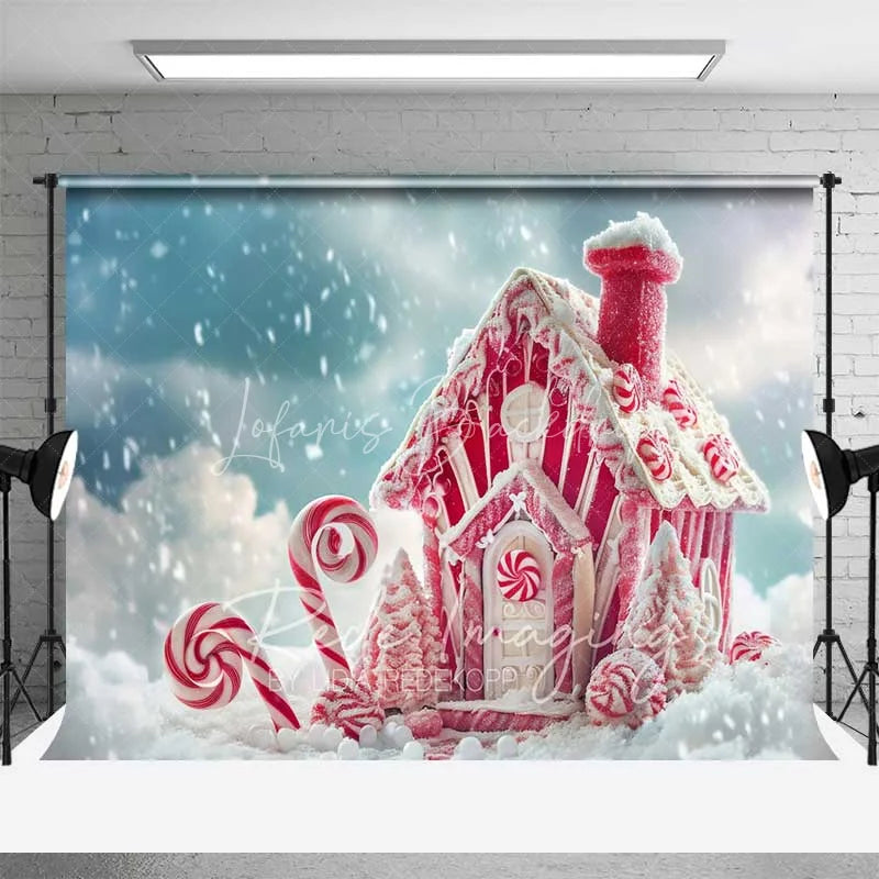Lofaris Pink Gingerbread House Backdrop Candy Cane Peppermint Fantasy Winter Snow Scene Photo Background