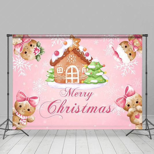 Lofaris Pink Gingerbread House Merry Christmas Backdrop