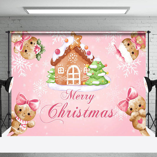 Lofaris Pink Gingerbread House Merry Christmas Backdrop