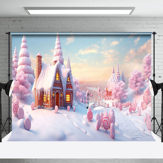 Lofaris Pink Gingerbread House Sweetie Candy Winter Backdrop