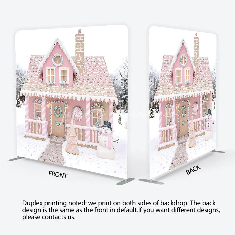 Lofaris Pink Gingerbread House Tension Fabric Backdrop Candy Cane Snowman Winter Background Christmas Kids Party Decoration