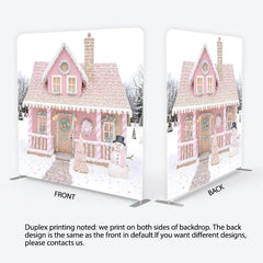 Lofaris Pink Gingerbread House Tension Fabric Backdrop Candy Cane Snowman Winter Background Christmas Kids Party Decoration