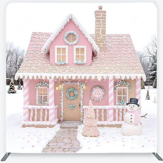 Lofaris Pink Gingerbread House Tension Fabric Backdrop Candy Cane Snowman Winter Background Christmas Kids Party Decoration