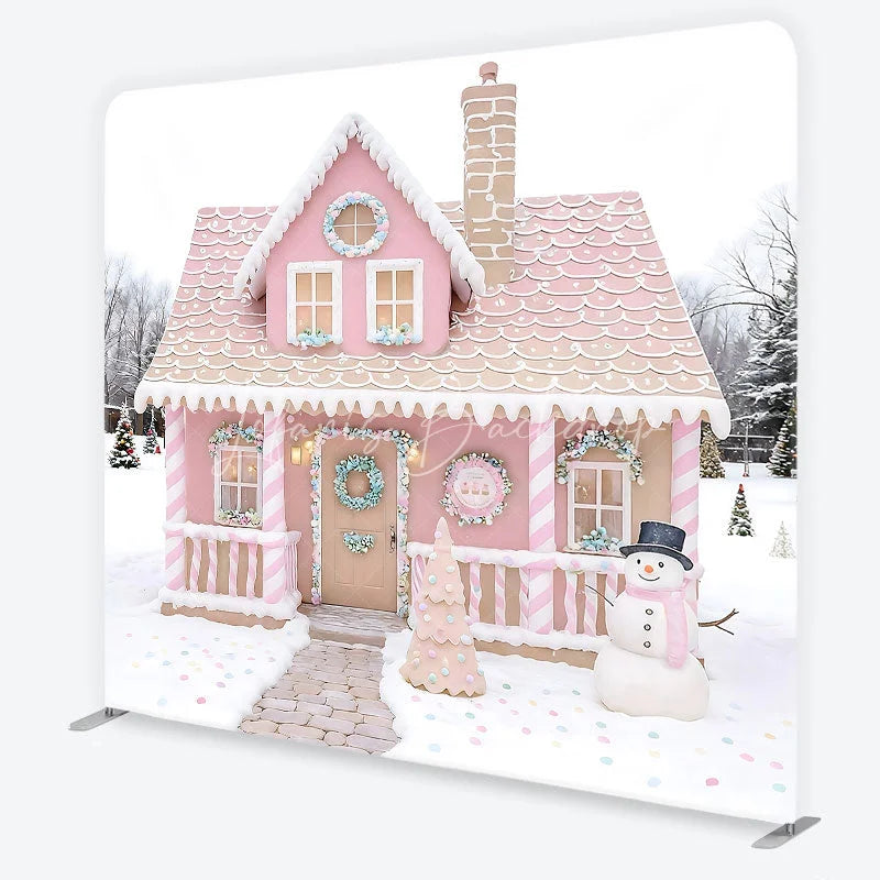Lofaris Pink Gingerbread House Tension Fabric Backdrop Candy Cane Snowman Winter Background Christmas Kids Party Decoration